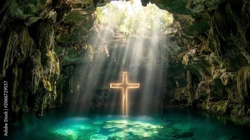 Water baptism background featuring a glowing cross in a cave pool