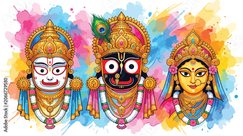 Vibrant Watercolor Illustration of Hindu Deities Lord Jagannath, Balabhadra and Subhadra