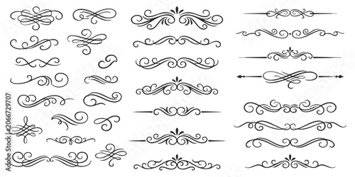 Foto Set of hand drawn vintage flourish ornaments and decorative text dividers for el