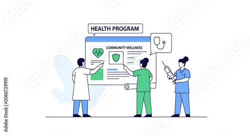 Healthcare professionals collaborating on community wellness program, graphic illustration