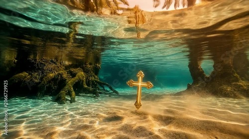 Golden cross floating in clear water baptism background