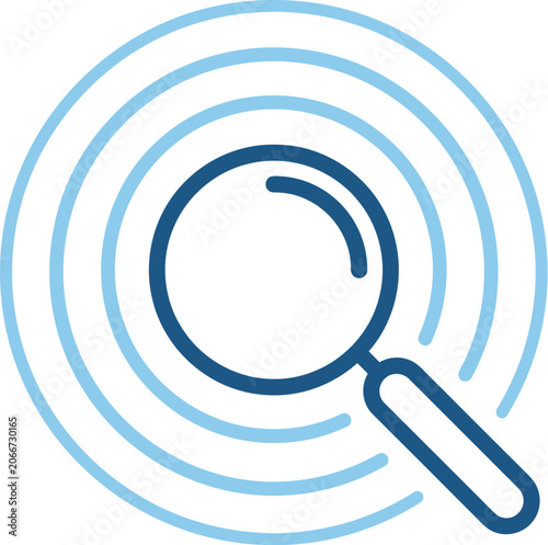 Magnifying glass icon appears surrounded by light blue rings to symbolize focused scanning tools.