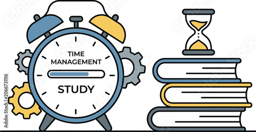 Alarm clock and hourglass placed next to textbooks illustrate efficient academic time management.