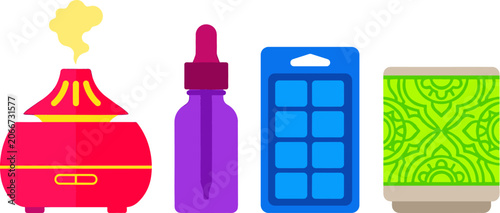 Photos Aromatherapy Home Fragrance Vector Set with Red Ultrasonic Essential Oil Diffuse