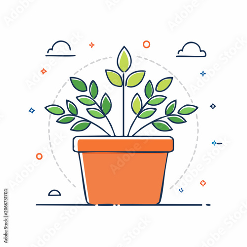 Flat Illustration of a Potted Plant with Leaves and Clouds