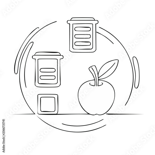 Line art illustration of lunchboxes and apple
