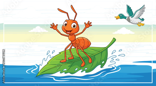 Cute Cartoon Ant Surfing on Green Leaf in River Water with Flying Duck in Sunny Sky Background