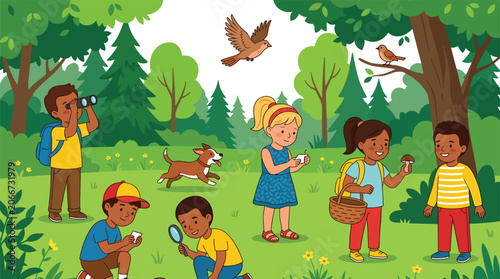 Curious Kids Exploring Nature in Forest with Binoculars Magnifier Mushrooms Birds and Dog on Summer Adventure