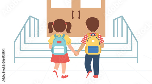 Two Cute Elementary School Kids Holding Hands Walking Together Toward School Entrance Door With Backpacks On Back To School Day