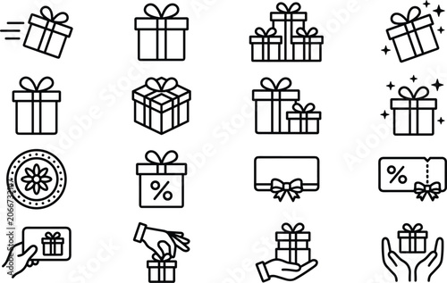Minimalist Black and White Gift Box Icon Set with Bows, Ribbons, Discount Tags and Hand Gestures for Holiday and Shopping Designs