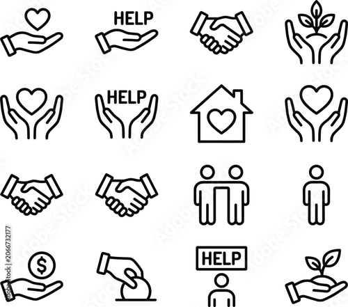 Minimalist Black and White Charity and Community Support Icon Set with Hands, Hearts, People and Growth Symbols for Social Cause Designs