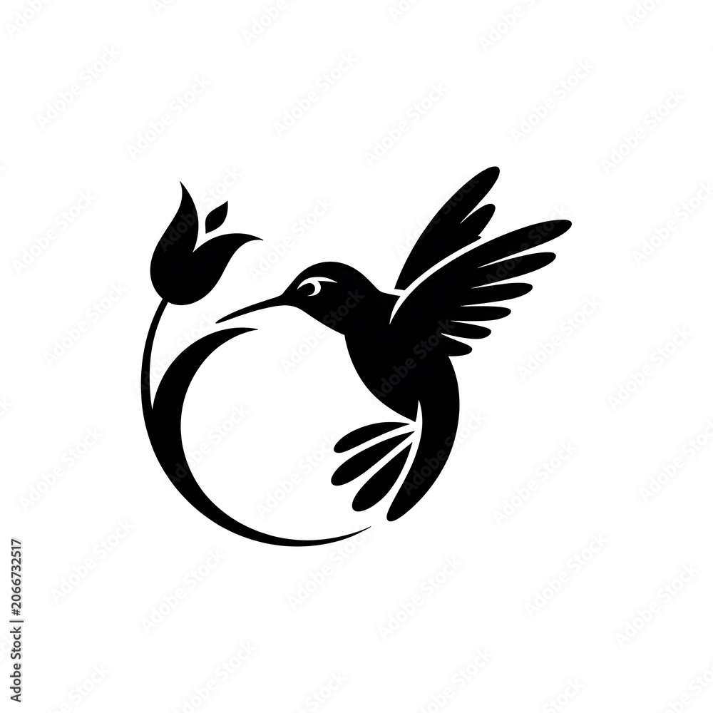 Fototapeta premium Black hummingbird silhouette with flower in circular design