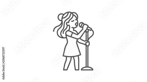 Fotografie Young Woman Singing into Microphone on Stage - Line Art Icon