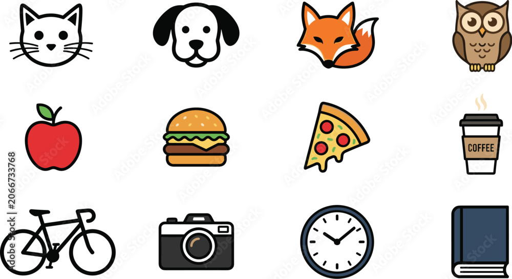 Fototapeta premium Minimalist vector icon set featuring a collection of cute animals, fast food, hot coffee, outdoor activities and daily lifestyle objects isolated on white background