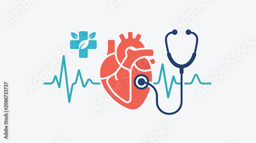 Minimalist 2D flat illustration of a stylized human heart icon connected to healthcare symbols like stethoscope and pulse line, Cardiologist's Day