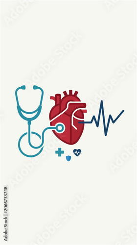 Minimalist 2D flat illustration of a stylized human heart icon connected to healthcare symbols like stethoscope and pulse line, Cardiologist's Day