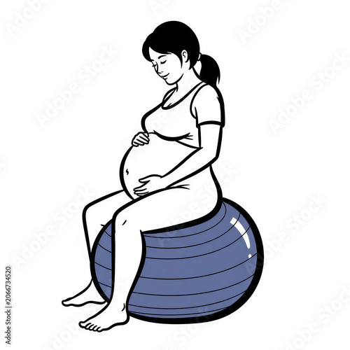Pregnant woman sitting on exercise ball showing relaxation and comfort  