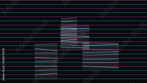 Glitchy digital bars distort a dark futuristic cityscape with technology