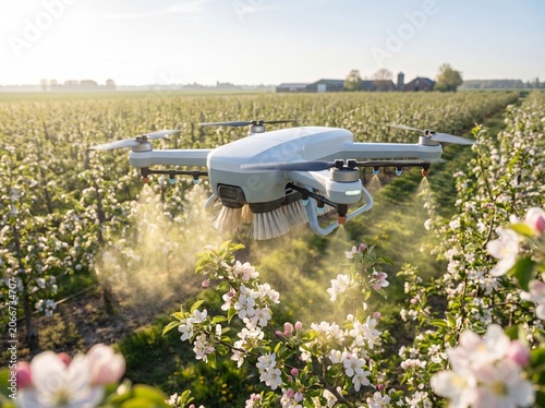 An agrodron pollinates a blooming apple orchard on a modern farm in spring.