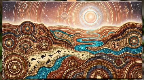 Sacred Circle Terrain Dot Art, Abstract Geometric Landscape with Mandala and Pointillism Design