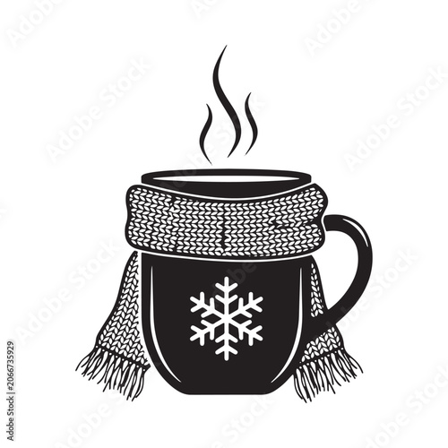 Mug With Scarf And Snowflake Black Silhouette On White Background