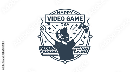A stylized graphic illustration celebrating National Video Game Day with a triumphant gamer.