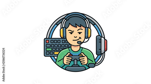 A cartoon illustration of a young male gamer wearing headphones and holding a game controller.