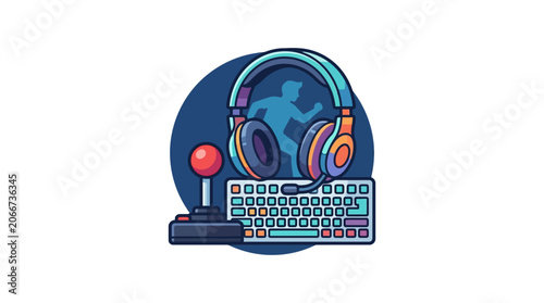 A vibrant illustration featuring gaming peripherals including a joystick keyboard and headset.