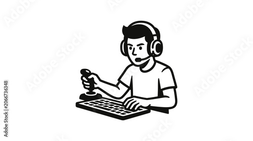 A black and white line art illustration of a young gamer wearing a headset while playing with a joystick and keyboard.
