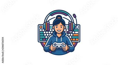 A vibrant vector illustration of a young female gamer wearing headphones and holding a controller.