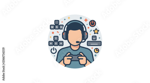 A stylized illustration of a young gamer wearing headphones and holding a game controller.