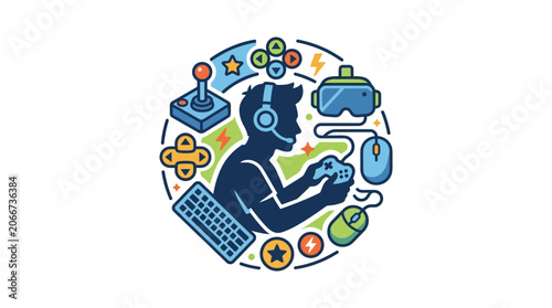 A stylized illustration of a gamer surrounded by various gaming equipment and accessories.