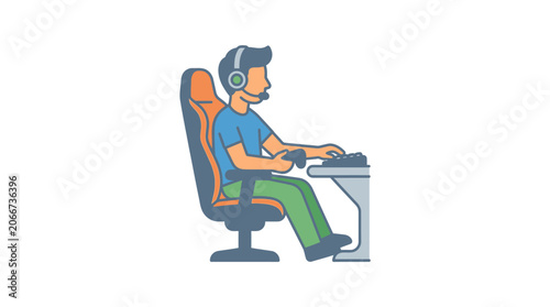 A digital illustration of a young man sitting in a gaming chair playing video games.