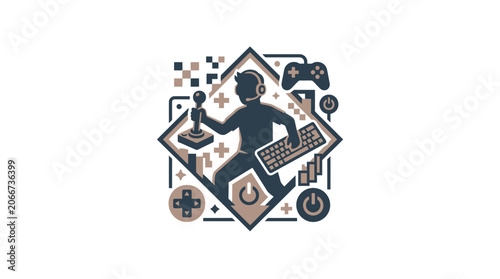 A stylized graphic illustration of a gamer holding a joystick and keyboard.