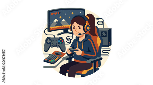 A young woman wearing a headset playing video games on a computer.