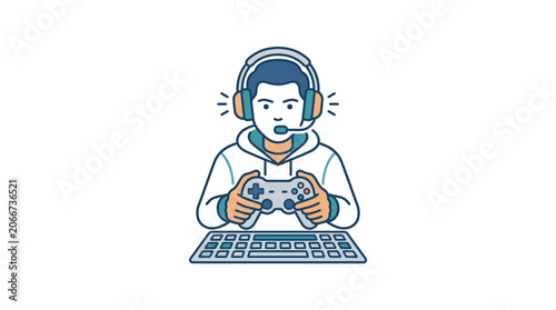 A stylized illustration of a young gamer wearing headphones and playing with a controller.
