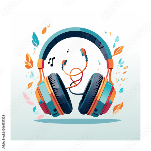Colorful headphones with music notes and leaves