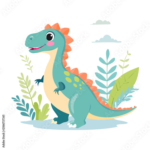 Cute cartoon dinosaur illustration with plants and clouds