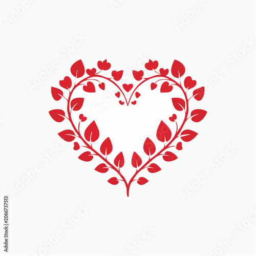 Heart shaped floral vine with red leaves and small hearts