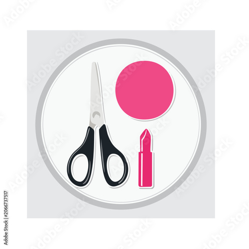 Flat icon of scissors and lipstick in circular frame