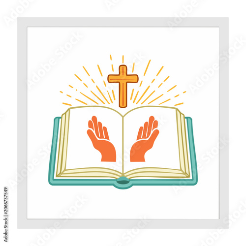 Open Book with Cross and Hands Illustration