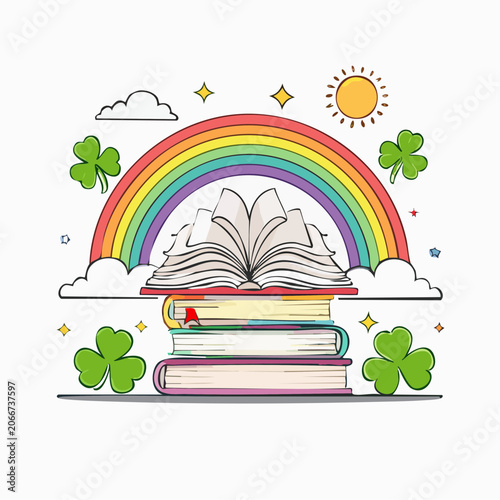 Stack of Books Under a Rainbow with Shamrocks and Sun
