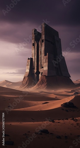 Monolithic Structure in a Desert Landscape with Overcast Sky.