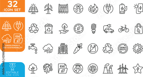 Foto Green energy and sustainability line editable Vector illustration icon set