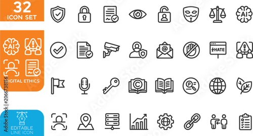 Digital ethics and AI governance line editable Vector illustration icon set. Professional symbols for cyber security, data privacy, responsible artificial intelligence, transparency. on transparent ba