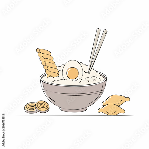 Illustration of a bowl of rice with egg, chopsticks, and dumplings