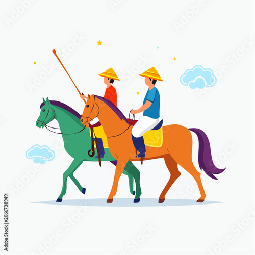 Two people in conical hats riding horses