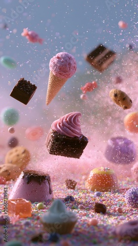Sweets advertising background: Cute pastel backdrop with floating chocolate cakes and festive confetti wallpaper