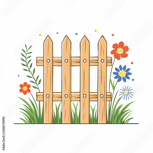 Wooden garden fence with flowers and grass