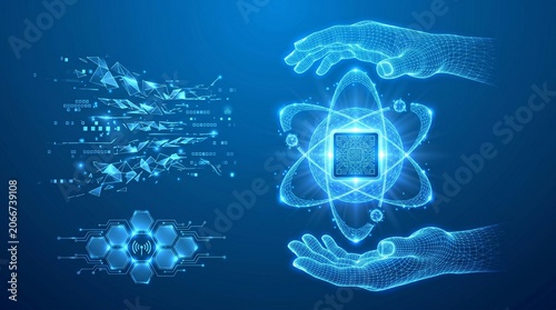 Abstract digital hands holding glowing atom model with circuit board patterns representing scientific research and atomic energy technology research particles abstract advanced